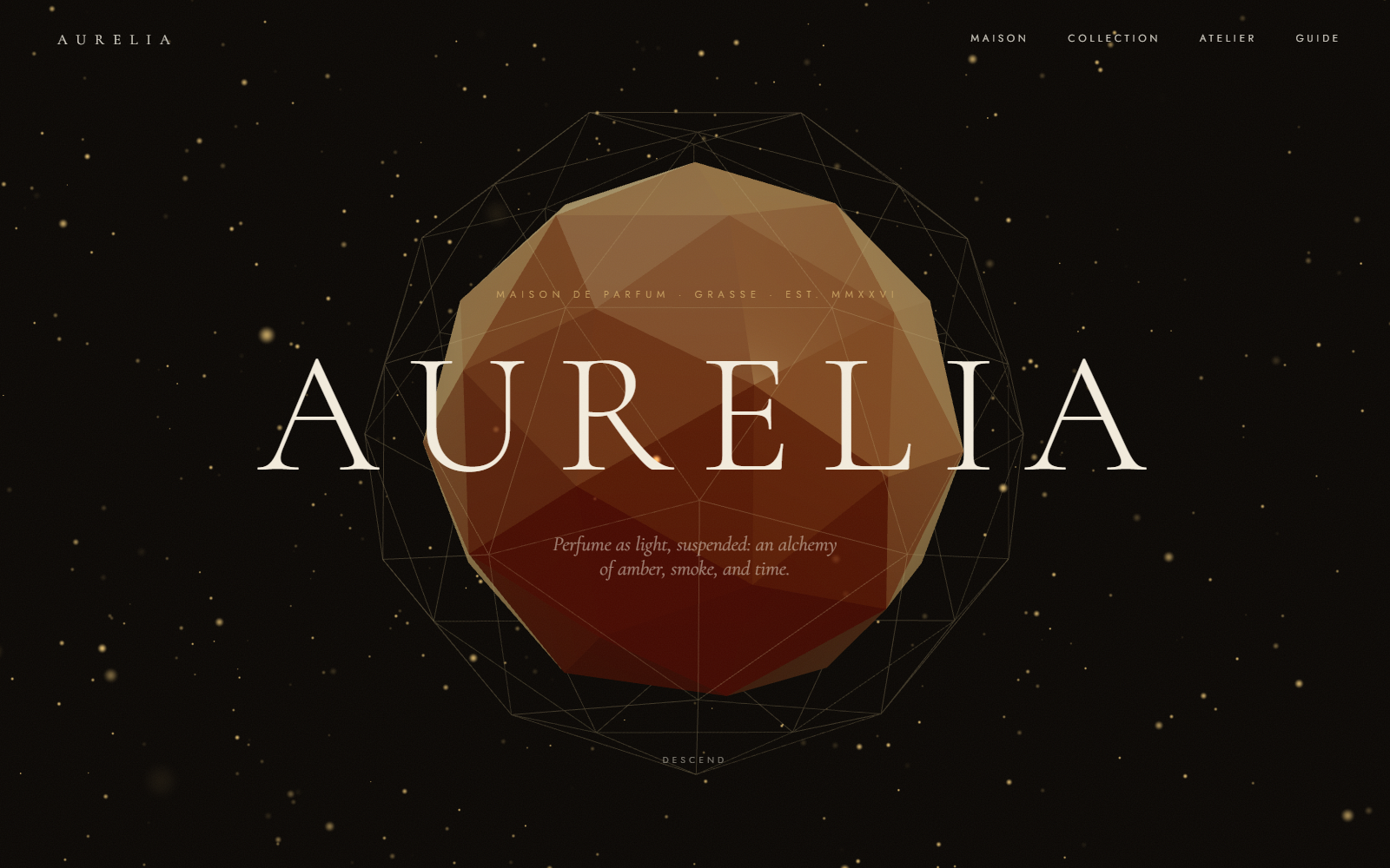 AURELIA from our studio, a faceted gem refracting light across a dark page with gold dust drifting through the frame.
