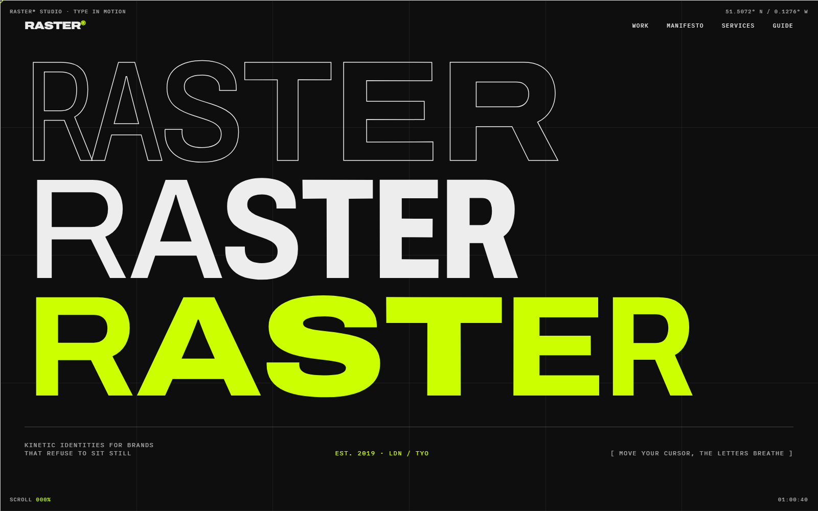 RASTER from our studio, oversized variable letterforms stretching and compressing across a stark grid.