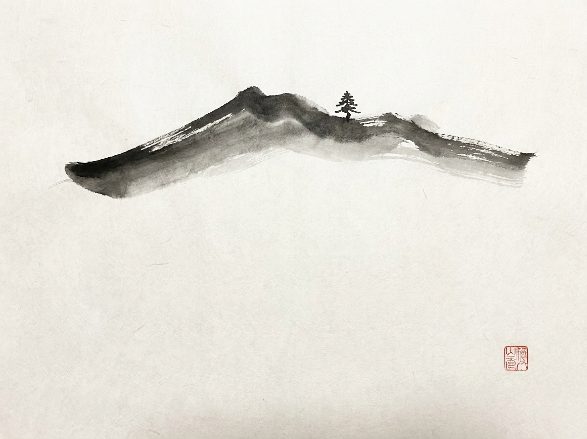 Sumi-e mountain ridge with lone pine