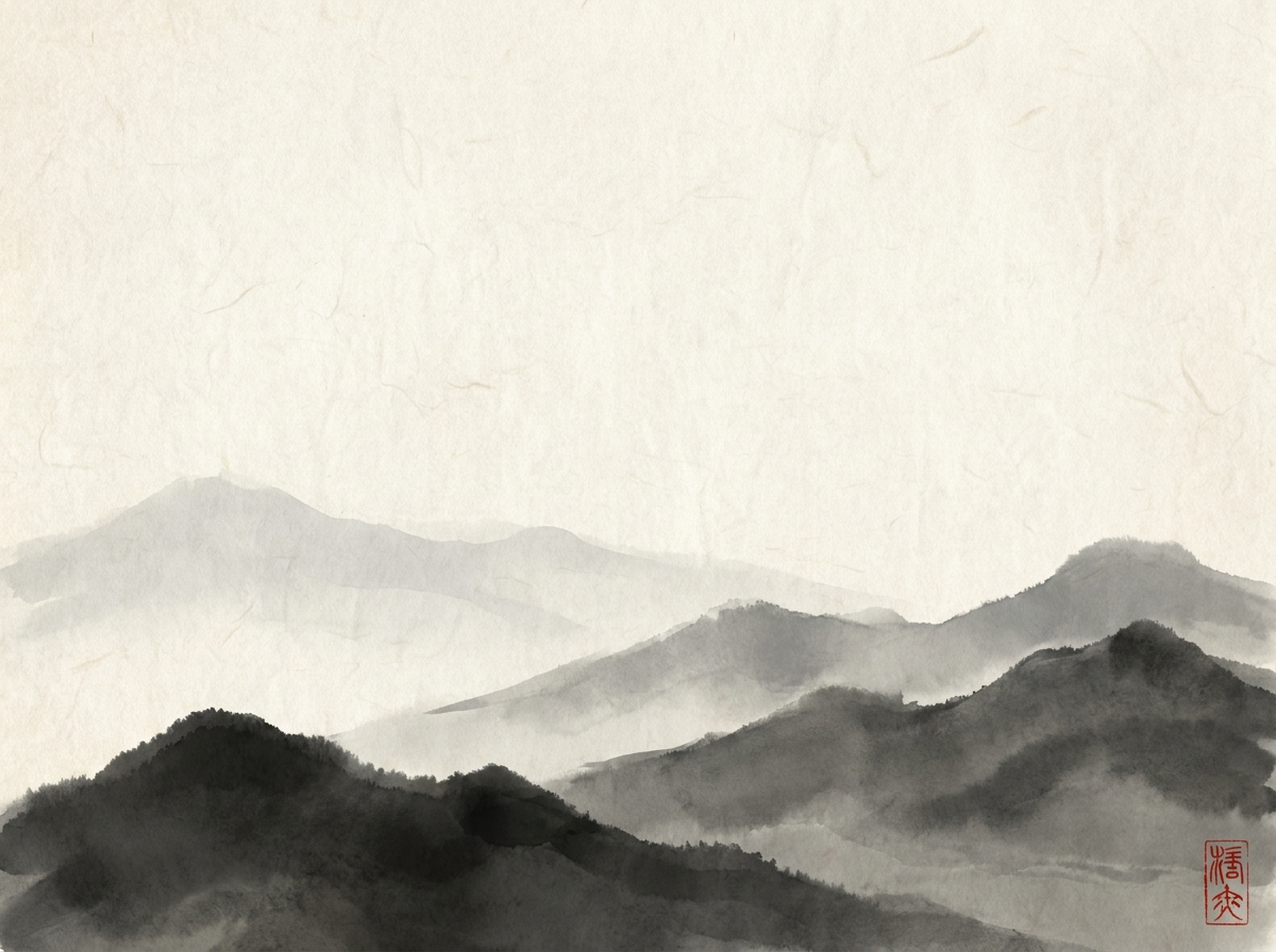 Sumi-e brushwork of distant hills