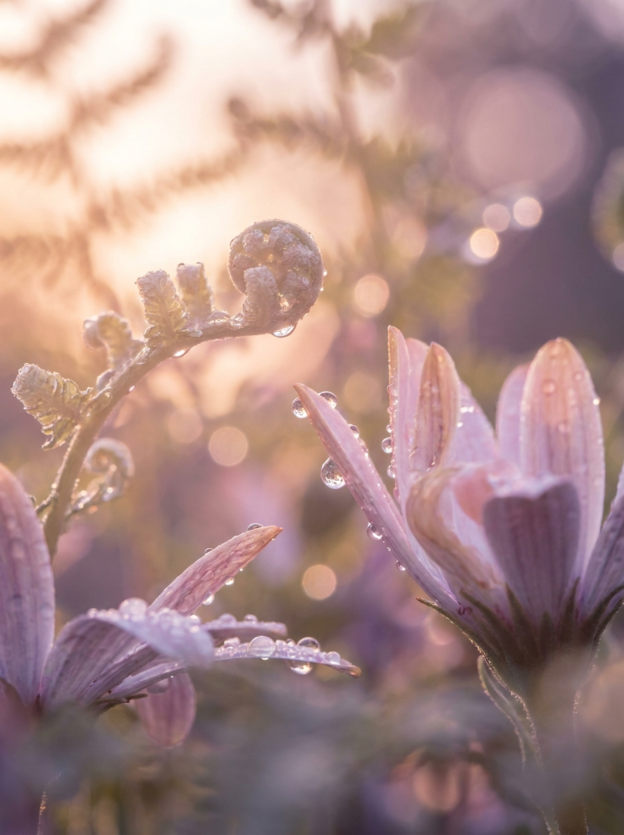 Water droplets refracting pastel light